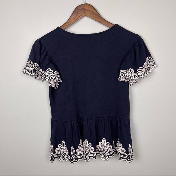 Express Navy/White Floral Embroidered Peplum Top - Picture 7 of 8